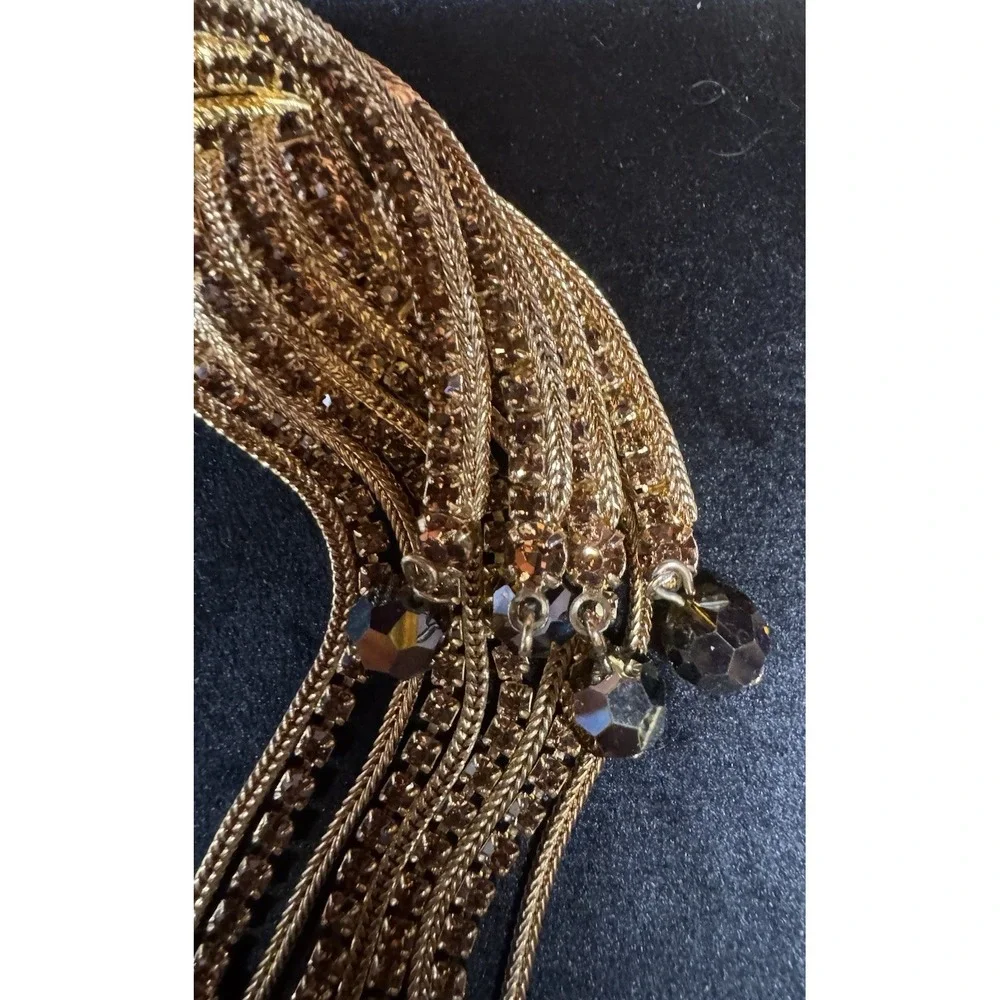 Vintage Gold Tone‎ Waterfall Tassel Brooch Rhinestone Faceted Bead Dangle